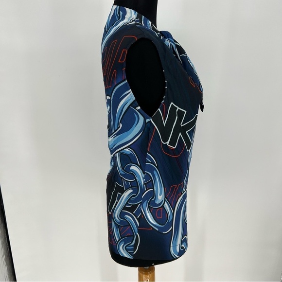 PINKO Logo Chain Print Blue White Sleeveless Tie Bow Blouse‎ - Picture 7 of 14